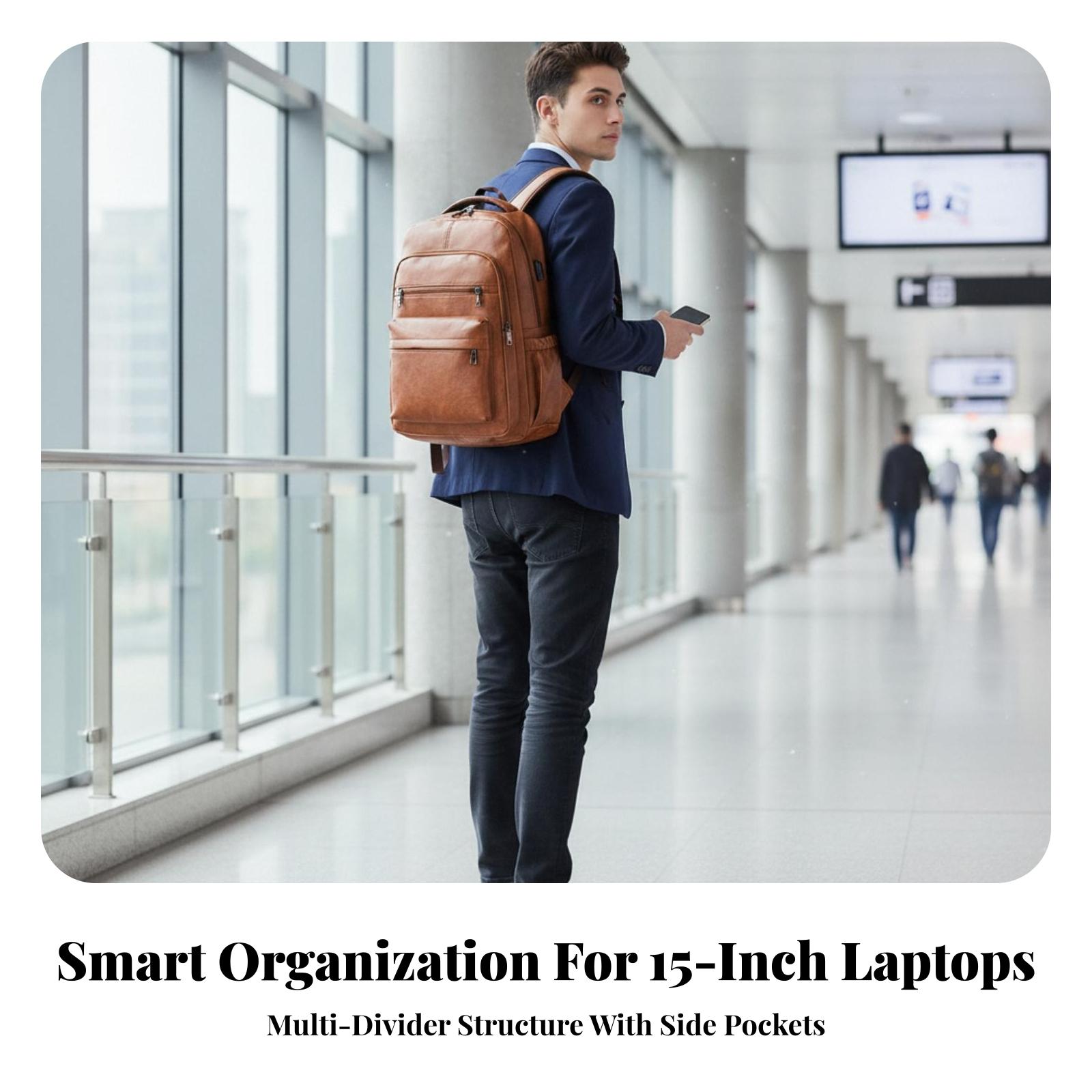 Leather Work Rucksack - Waterproof Men Rucksack with Laptop Compartment